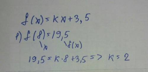 Линейная функция задана формулой: f(x)=kx+3.5. найдите значение k если: 1) f(8)= 19,5