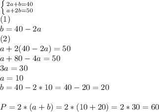 \left \{ {{2a+b=40} \atop {a+2b=50}} \right. \\ &#10;(1) \\ b=40-2a \\ &#10;(2) \\ a+2(40-2a)=50 \\ &#10;a+80-4a=50 \\ &#10;3a=30 \\ a=10 \\ b=40-2*10=40-20=20&#10; \\ \\ P=2*(a+b)=2*(10+20)=2*30=60