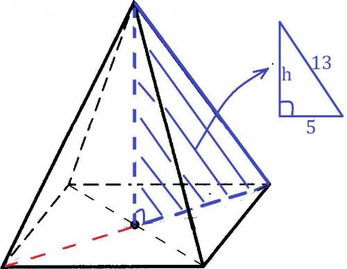 Диагональ основания правильной четырехугольной пирамиды равна 10, а боковое ребро равно 13. найдите