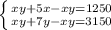 \left \{ {{xy+5x-xy=1250} \atop {xy+7y-xy=3150}} \right.