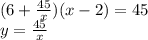 (6 + \frac{45}{x} )(x - 2) = 45 \\ y = \frac{45}{x}