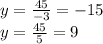 y = \frac{45}{ - 3} = - 15 \\ y = \frac{45}{5} = 9