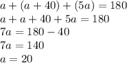 a + (a + 40) + (5a) = 180 \\ a + a + 40 + 5a = 180 \\ 7a = 180 - 40 \\ 7a = 140 \\ a = 20