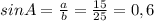 sinA = \frac{a}{b} = \frac{15}{25} =0,6