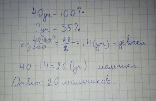 Влыжной секции занимается 40 учеников, из них 35% тире девочки. сколько мальчиков занимается в лыжно