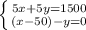 \left \{ {{5x +5y = 1500} \atop {(x - 50) - y = 0}} \right.