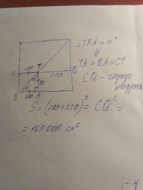 Що лежить на діагоналі квадрата, віддалена від двох його сторін на 180 см і 2,2м. знайдіть площу ква