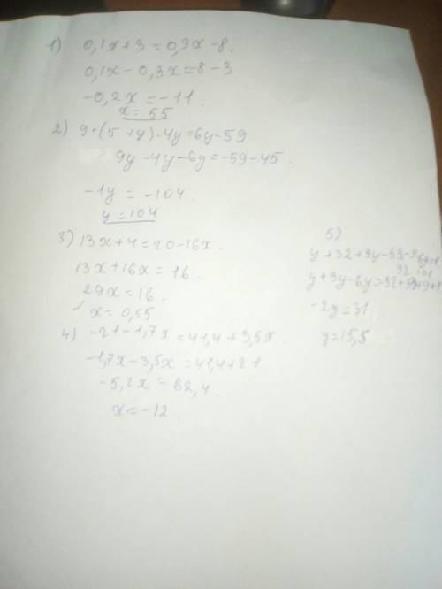 Решите уравнения . 1)0,1x+3=0,3x-8 2)9×(5+y)-4y=6y-59 3)13x+4=20-16x 4)-21-1,7x=41,4+3,5x 5)y+32+3y-