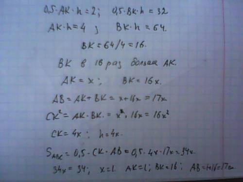 Впрямоугольном треугольнике авс к гипотенузе ав проведена высота ск. площадь треугольника аск равна