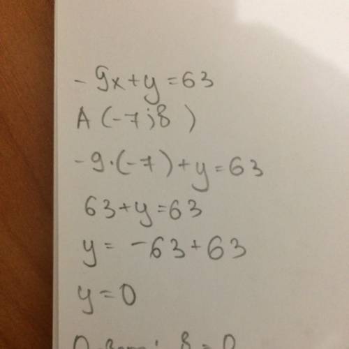 График уравнения -9x+y=63 проходит через точку a(-7; b),чему равно значение b