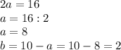 2a=16 \\ a=16:2 \\ a=8 \\ b=10-a=10-8=2