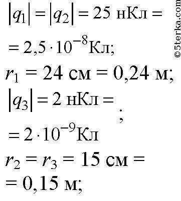 Два заряда по 25 нкл каждый, расположенные на расстоянии 24 см друг от друга, образуют электростатич
