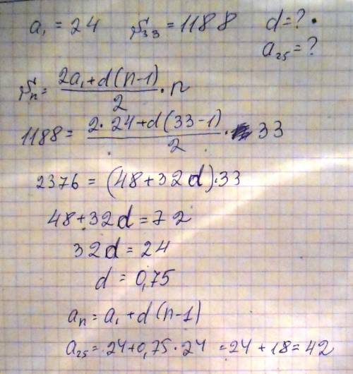 Варифметичній прогресії a1=24 , а сума тридцяти трьох перших членів дорівнює 1188 .зайдіть різницю і