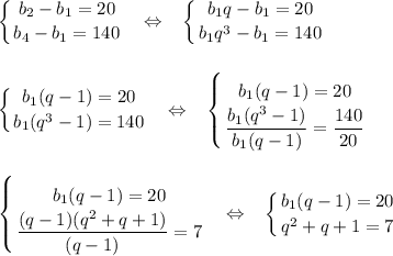 \displaystyle\left \{ {{b_2-b_1=20} \atop {b_4-b_1=140}}\right.~~\Leftrightarrow~~\left \{ {{b_1q-b_1=20} \atop {b_1q^3-b_1=140}} \right. \\\\\\\left \{ {{b_1(q-1)=20} \atop {b_1(q^3-1)=140}} \right. ~~\Leftrightarrow~~\left \{ {{b_1(q-1)=20} \atop {\dfrac{b_1(q^3-1)}{b_1(q-1)}=\dfrac{140}{20}}} \right. \\\\\\\left \{ {{b_1(q-1)=20} \atop {\dfrac{(q-1)(q^2+q+1)}{(q-1)}=7}} \right.~~\Leftrightarrow~~\left \{ {{b_1(q-1)=20} \atop {q^2+q+1=7}} \right.