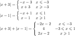 \left|x+3\right|=\left\{\begin{matrix}&#10;-x-3 & x\leqslant-3\\&#10;x+3 & x\geqslant-3&#10;\end{matrix\right}\\\\&#10;\left|x-1\right|=\left\{\begin{matrix}&#10;-x+1 & x\leqslant1\\&#10;x-1 & x\geqslant1&#10;\end{matrix\right}\\\\&#10;\left|x+3\right|+\left|x-1\right|=\left\{\begin{matrix}&#10;-2x-2 & x\leqslant-3\\&#10;4&-3\leqslant x \leqslant1\\&#10;2x-2 & x\geqslant1&#10;\end{matrix\right}\\\\