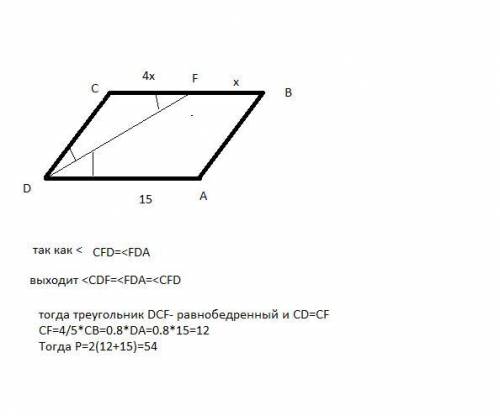 бисектриса угла д параллелограмма авсд делит сторону вс в соотношении 1: 4, начиная от точки в. найт