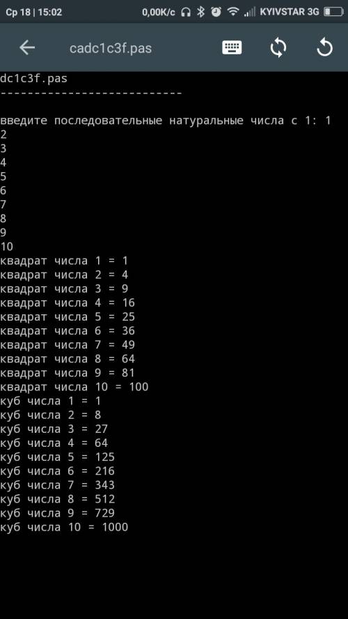 Составить программу 10 первых натуральных чисел и их квадратов и кубов