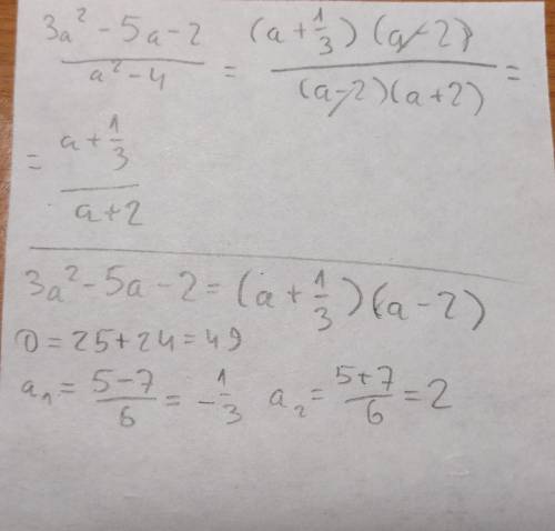 Сократите дробь: 3a^2-5a-2/a^2-4(подробно )