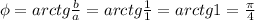 \phi = arctg \frac{b}{a} = arctg \frac{1}{1} = arctg 1 = \frac{ \pi }{4}