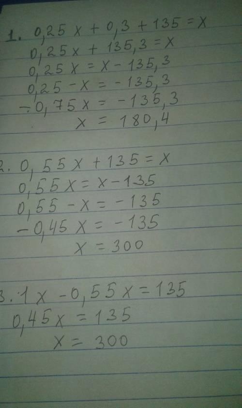 0,25x+0,3 +135= x 0,55x+135= x 1x-0,55x = 135