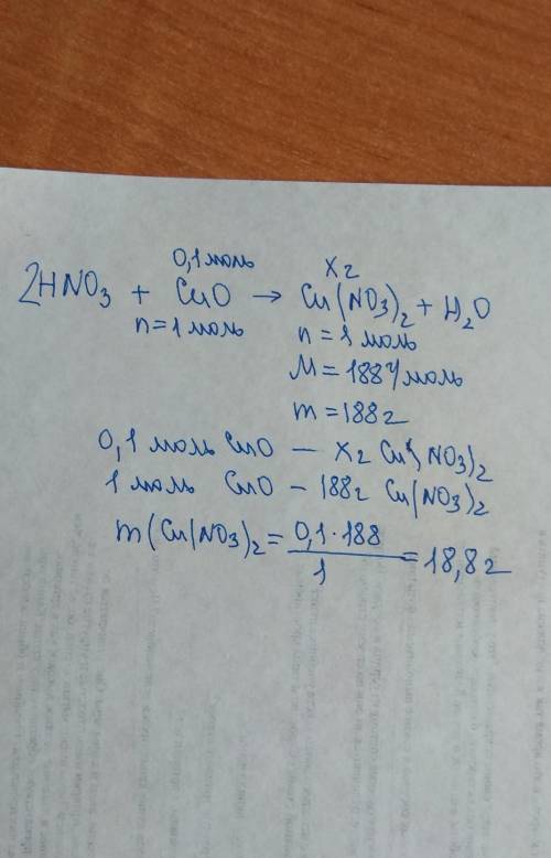 Азотная кислота прореагировала с 0,1 моль оксида меди два. найти массу образ. нейтрата меди?