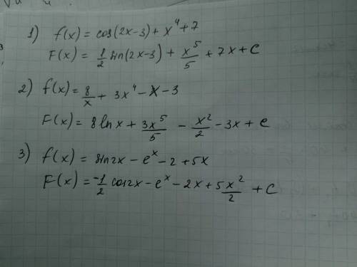 Найдите все первообразные функции: 1) f(x) =cos(2x-3)+x^4+7 2) f(x)=8/x+3x^4-x-3 3) f(x)=sin 2x-e^x-