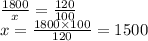 \frac{1800}{x} = \frac{120}{100} \\ x = \frac{1800 \times 100}{120} = 1500