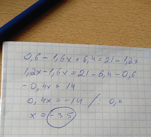 Найди корень уравнения 0,6-1,6(x-4)=3(7-0,4x)