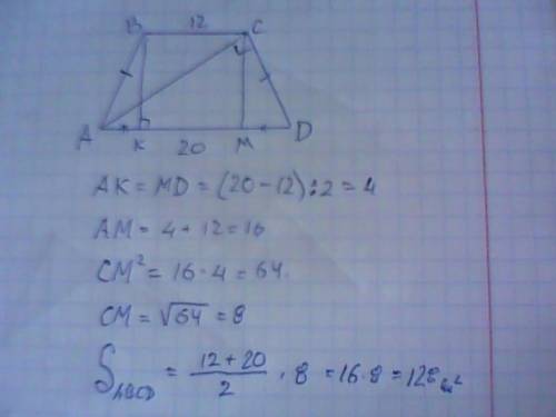 Діагональ рівнобічної трапеції перпендикулярна до її бічної сторони . знайдіть площу трапеції якщо ї