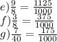 e) \frac{9}{8} = \frac{1125}{1000} \\ f) \frac{3}{8} = \frac{375}{1000} \\ g) \frac{7}{40} = \frac{175}{1000}