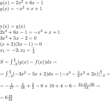 y(x) = 2x^2+6x-1\\&#10;g(x) = -x^2+x+1\\\\&#10;&#10;y(x) = g(x)\\&#10;2x^2+6x-1=-x^2+x+1\\&#10;3x^2+5x-2=0\\&#10;(x+2)(3x-1)=0\\&#10;x_1=-2;x_2=\frac{1}{3}\\\\&#10;S=\int_{-2}^{\frac{1}{3}}(g(x)-f(x))dx=\\\\&#10;=\int_{-2}^{\frac{1}{3}}(-3x^2-5x+2)dx=(-x^3-\frac{5}{2}x^2+2x)|_{-2}^{\frac{1}{3}}=\\\\&#10;=-\frac{1}{27}-\frac{5}{18}+\frac{2}{3}-8+10+4=6-\frac{2+15-36}{54}=\\\\&#10;=6\frac{19}{54}