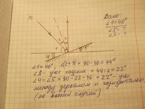 Высота солнца над горизонтом 46°. чтобы отраженные от плоского зеркала лучи пошли вертикально вверх,