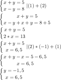 \displaystyle \left \{ {{x+y=5} \atop {x-y=8}} \right. |(1)+(2) \\\\\left \{ {{x+y=5} \atop {x-y+x+y=8+5}} \right.\\\\\left \{ {{x+y=5} \atop {2*x=13}} \right.\\\\\left \{ {{x+y=5} \atop {x=6,5}} \right.|(2)*(-1)+(1)\\\\\left \{ {{x+y-x=5-6,5} \atop {x=6,5}} \right.\\\\\left \{ {{y=-1,5} \atop {x=6,5}} \right.