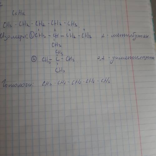 Для вещества c5h12 составьте одного гамолога,и двух изомеров и дайть всем название .