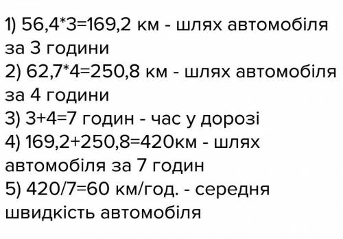 Іть автомобіль їхав 3 год зі швидкістю 56,4км за год і 4 год зі швидкістю 62,7км за год. знайдіть се