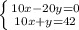 \left \{ {{10x-20y=0} \atop {10x+y=42}} \right.