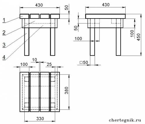 Счертежём для табурета ( 5 класса ) . вид должен: с верху , снизу , с боку и с переди.