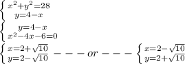 \left \{ {{x^2+y^2=28} \atop {y=4-x}} \right. \\ \left \{ {{y=4-x} \atop {x^2-4x-6=0}} \right. \\ \left \{ {{x= 2+ \sqrt{10} } } \atop {y=2-\sqrt{10}}} \right. ---or--- \left \{ {{x=2-\sqrt{10}} \atop {y=2+\sqrt{10}}} \right.