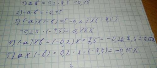 Известно, что а=0,2, b=7,5. найдите ab; -ab; (-a)x(-b); (-а) х b; а х (-b)