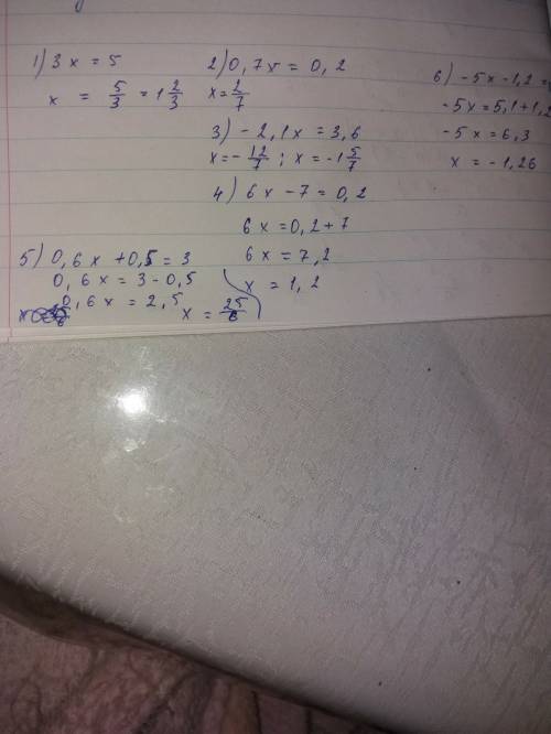 Решите 6 примеров а) 3x=5 б) 0,7x=0,2 в) -2,1x=3,6 г)6x-7=0,2 д)0,6x+0,5=3 е) -5x+1,2=5,1 решить ура