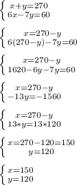 \left \{ {{x+y=270} \atop {6x-7y=60}} \right. \\\\&#10; \left \{ {{x=270-y} \atop {6(270-y)-7y=60}} \right. \\\\&#10; \left \{ {{x=270-y} \atop {1620-6y-7y=60}} \right. \\\\&#10; \left \{ {{x=270-y} \atop {-13y=-1560}} \right. \\\\&#10; \left \{ {{x=270-y} \atop {13*y=13*120}} \right. \\\\&#10; \left \{ {{x=270-120=150} \atop {y=120}} \right. \\\\&#10; \left \{ {{x=150} \atop {y=120}} \right. \\\\