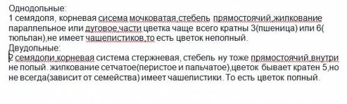 Признаки кл.однодольных кл двудольных 1семя 2корневая система 3жилкование листьев 4проводящие сосуды