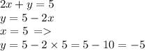 2x + y = 5 \\ y = 5 - 2x \\ x = 5 \: = \\ y = 5 - 2 \times 5 = 5 - 10 = - 5