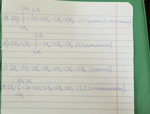 Составьте, , структурные формулы : 1). 2,2 - диметил - 3 - этилгексан 2). 3,3 - диэтилгексан 3). геп