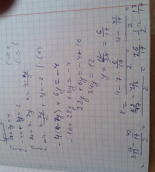 Решить системное уравнение 2x+7y=4 -4x+3y=-2