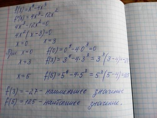 Знайти найбільше та найменше значення функції f(x)=x^4-4x^3 на [0; 5]