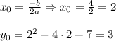 x_0 = \frac{-b}{2a} \Rightarrow x_0 = \frac{4}{2} = 2 \\ \\ y_0 = 2^2-4\cdot2+7 = 3