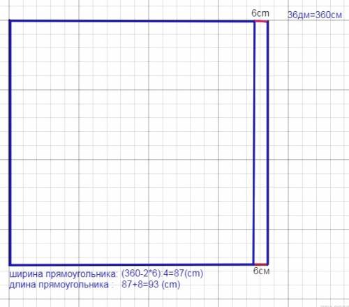 За 340 прямоугольника 36дм, основание на 6 см больше. найдите стороны. не уравнением чтобы в ответе