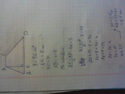 Дано: авсд-трапецыя площа-96см2 высота-8см нати основы трапецыи если ихняя разница равно 9см