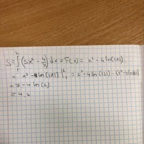 Интеграл s2(верх) 1(низ) (3x^2-4/x)dx